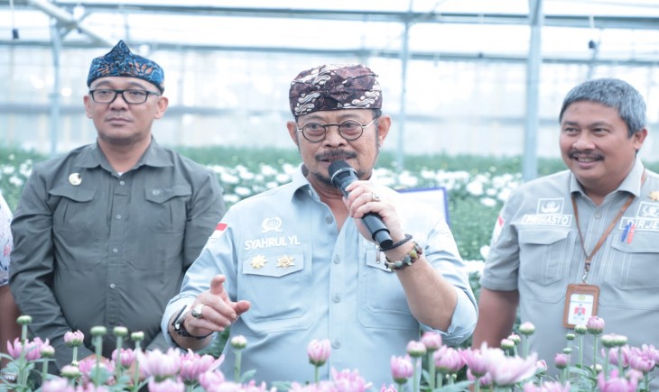 Foto : Mentan SYL pada Panen dan cek persiapan Ekspor Krisan di Desa Sukamanah Kecamatan Megamendung, Kabupaten Bogor.