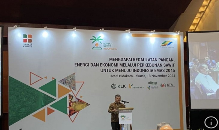 Deputi Bidang Koordinasi Pangan dan Agribisnis Kementerian Koordinator Bidang Perekonomian Dida Gardera berbicara dalam seminar nasional yang diselenggarakan Rumah Sawit Indonesia di Jakarta, Senin (18/11/2024). (ANTARA/Shofi Ayudiana)