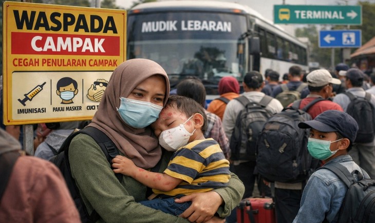 Penularan campak berpotensi meningkat saat mudik lebaran. (Foto : dibuat oleh AI)