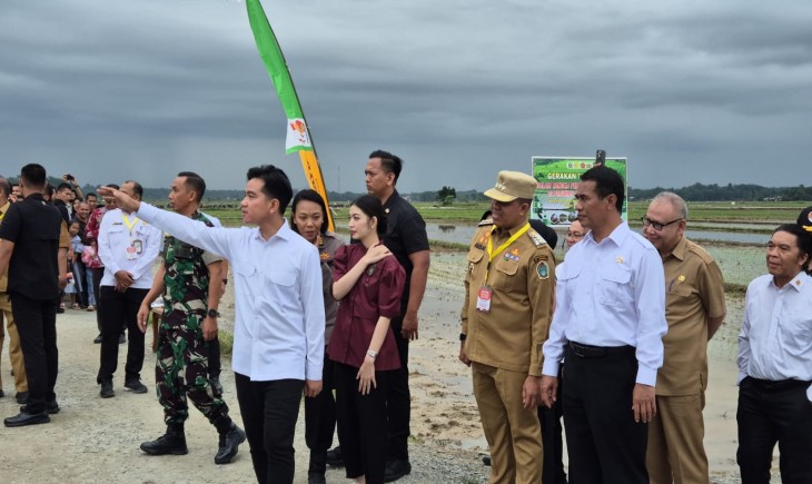 Wapres Gibran Rakabuming Raka didampingi Mentan Amran, melakukan penanaman padi di Kabupaten Langkat, Sumatera Utara, pada Selasa (24/12/2024) pagi. (Foto: Dok. Kementan)