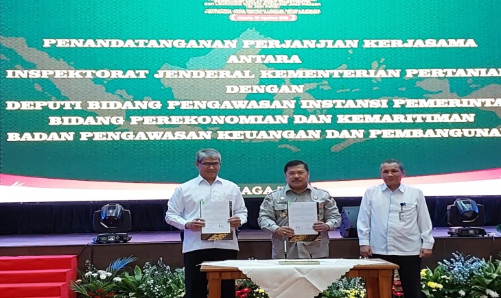 Foto : Penandatangan PKS dengan KPK RI dan BPKP di Auditorium Gedung F, Kementan.