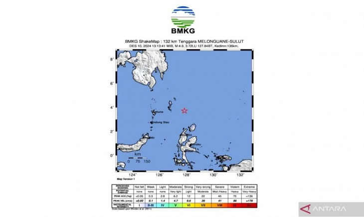 Gempa 5,2 Magnitudo Guncang Kepulauan Talaud, BMKG Pastikan Tidak Berpotensi Tsunami. (ANTARA/HO-Pusat Gempa Bumi dan Tsunami BMKG)