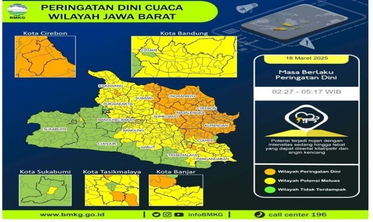 Foto: Peta peringatan dini terjadinya hujan lebat disertai petir di wilayah utara Jabar, di antaranya Indramayu, Cirebon, Majalengka dan Kuningan.