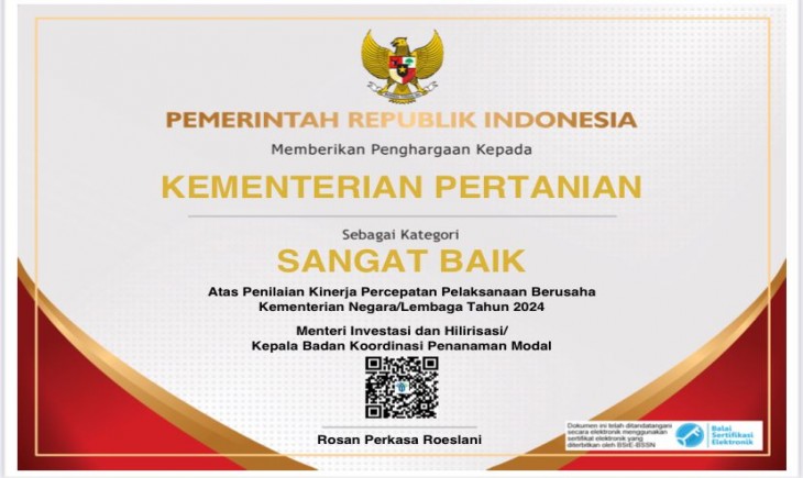 Kementan Raih Penghargaan Sangat Baik Untuk Penilaian Kinerja Percepatan Pelaksanaan Berusaha Tahun 2024. (Foto: Dok. Kementan)