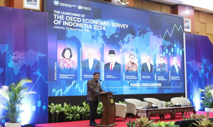 Wamentan Sudaryono saat membuka forum Organization for Economic Cooperation and Development dengan tema Building Natipnal Food Security For A Prosperous Future-Ensurong Access To Nutritions Food For All, Selasa, (26/11/2024). (Foto: Dok. Kementan)