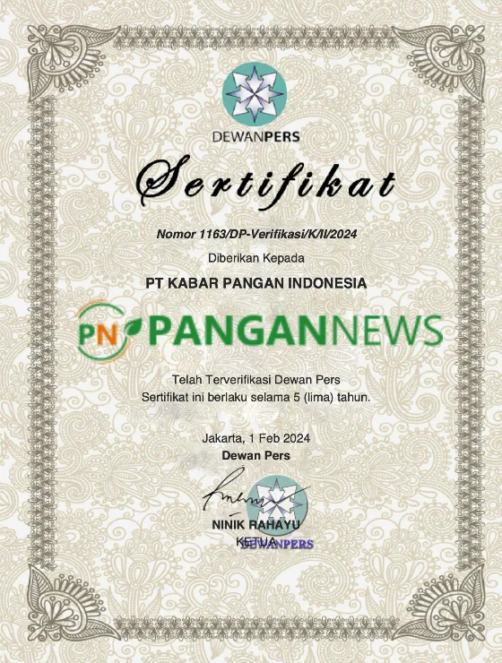 Sertifikat Dewan Pers PT Kabar Pangan Indonesia nomor 1163/DP-Verifikasi/K/II/2024