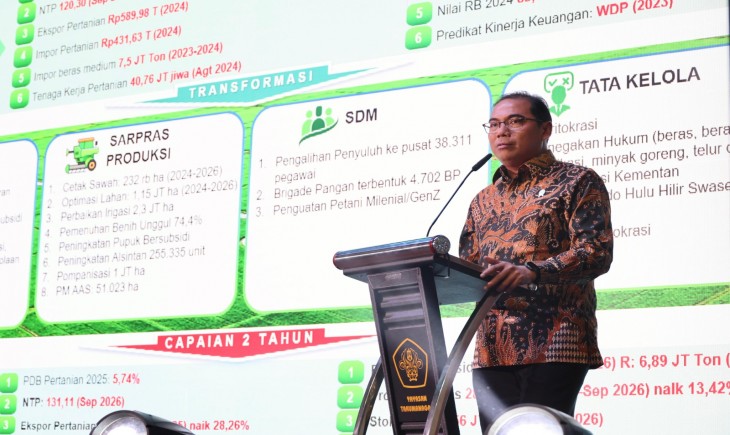 Wamentan Alim saat menyampaikan kinerja sektor pertanian di Special Event 2 Tahun Prabowo - Gibran: Rapor untuk Rakyat di Jakarta, Selasa (27/10).
