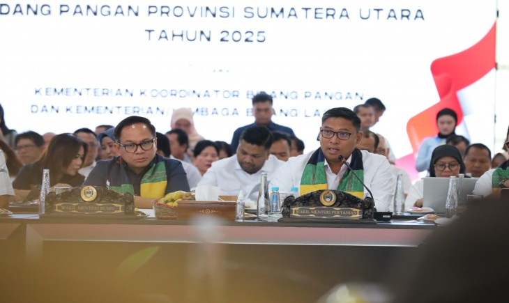 Wamentan Sudaryono pada rapat koordinasi Kemenko Bidang Pangan di Aula Teuku Rizal Nordin, Kota Medan, Sumatera Utara, pada Selasa (21/1/2025). (Foto: Dok. Kementan)