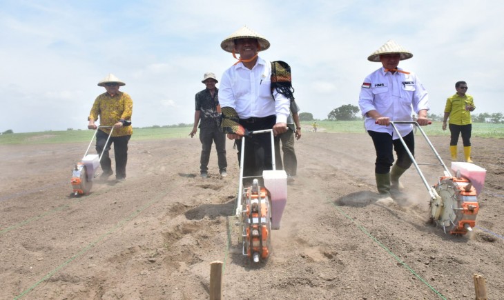 Mentan Amran melakukan penanaman jagung sekaligus menyerahkan bantuan dan berdialog dengan petani di Desa Labuan, Kecamatan Labuan. (Foto: Dok. Kementan)